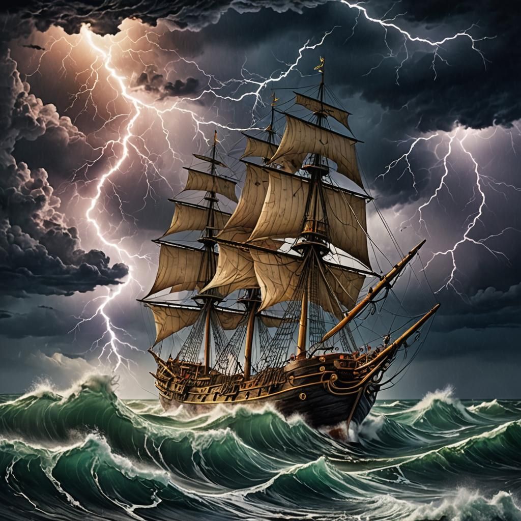 Sailing Ship in a Storm with Lightning