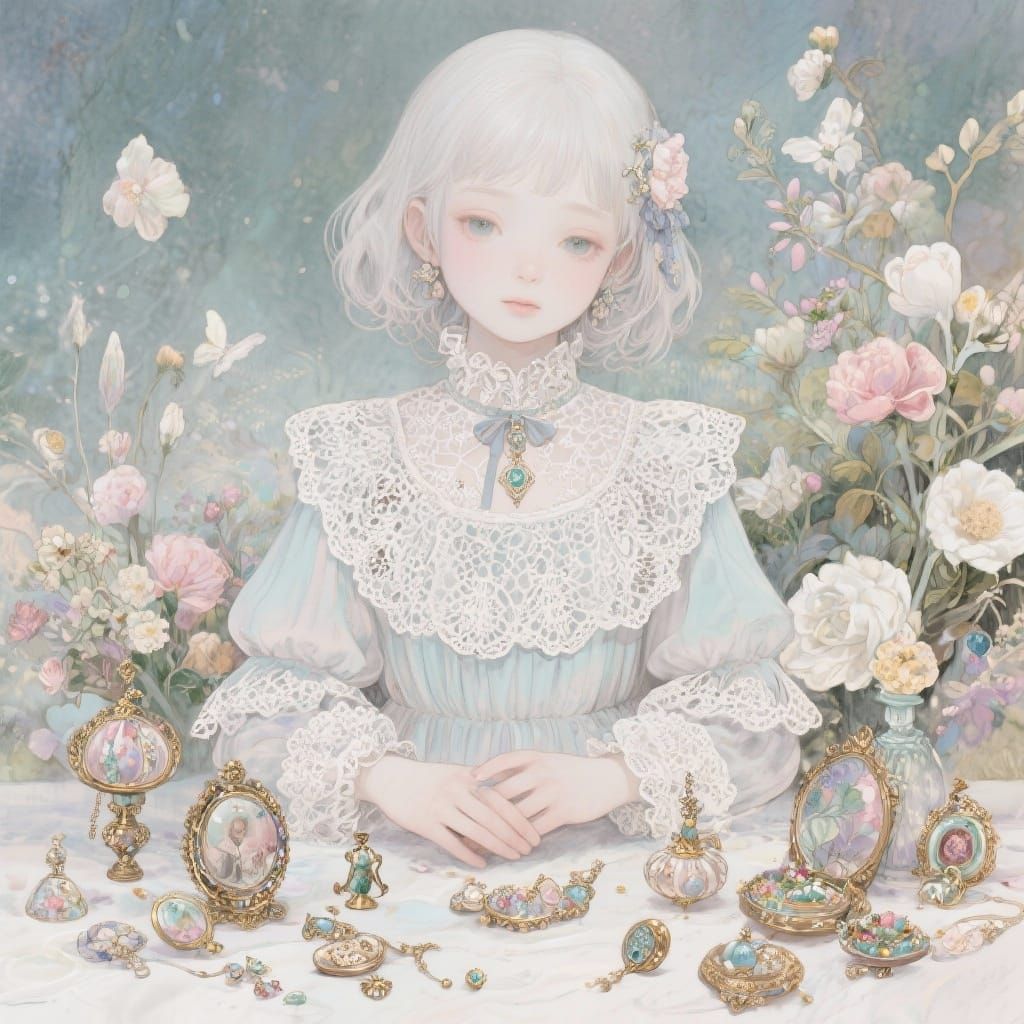 Ethereal Girl Surrounded by Trinkets and Flowers