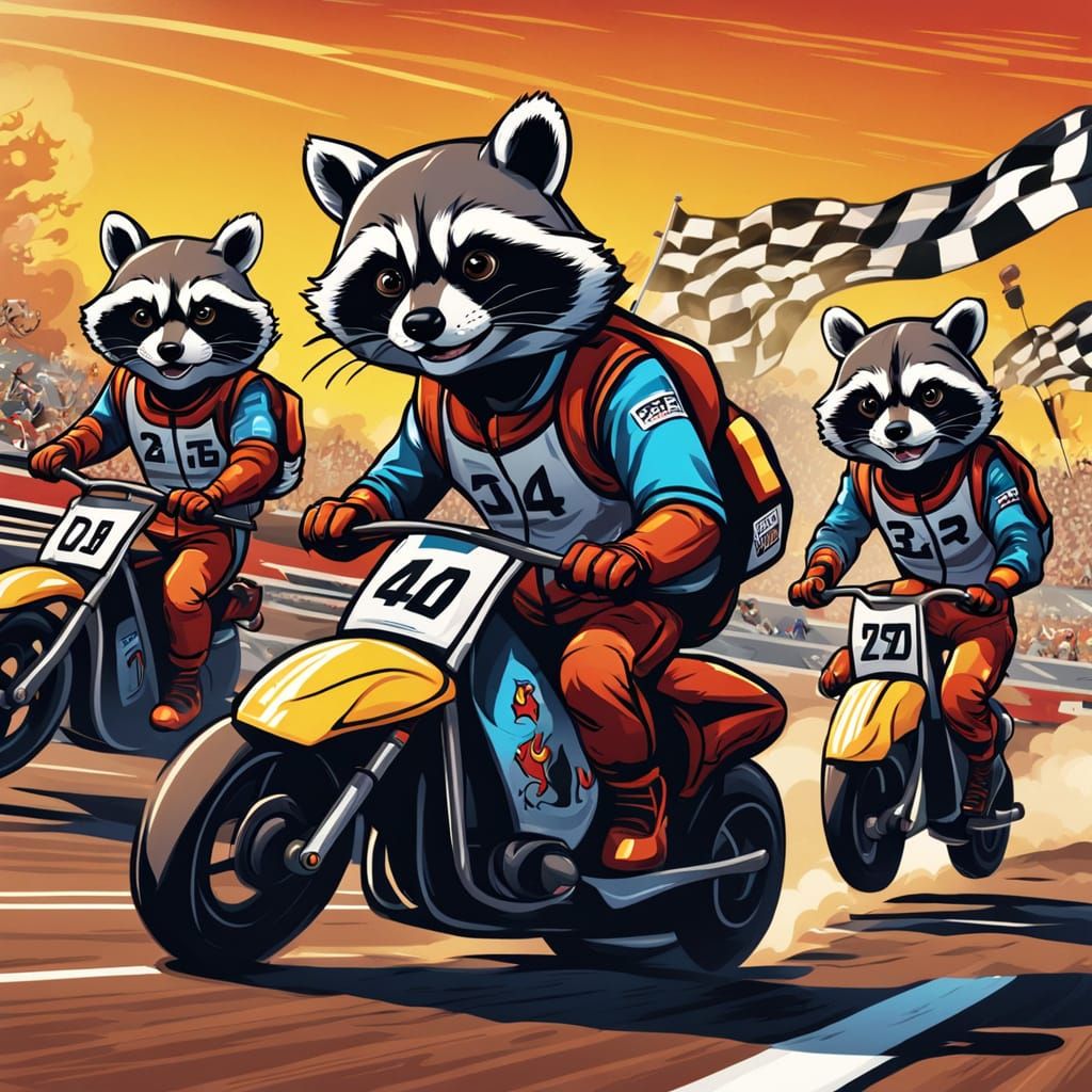 Raccoon Racing Team in Comic Book Style