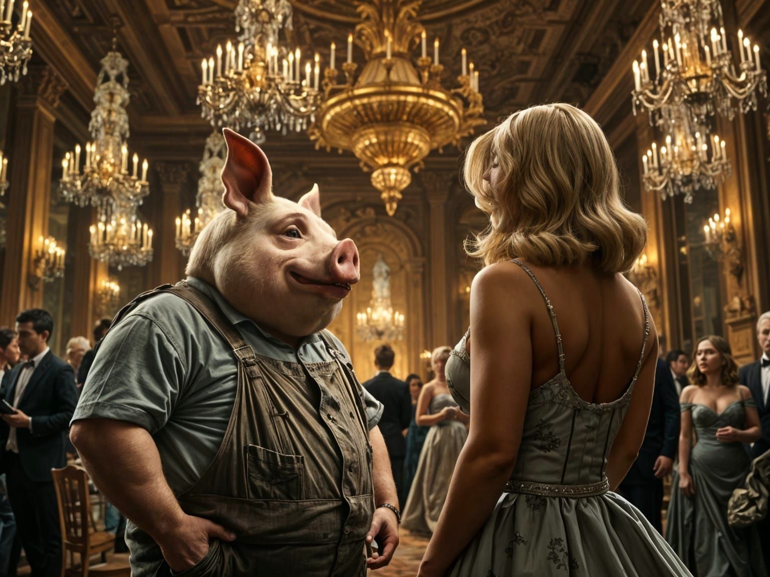 Ornate Ballroom Scene with Pig-Headed Man