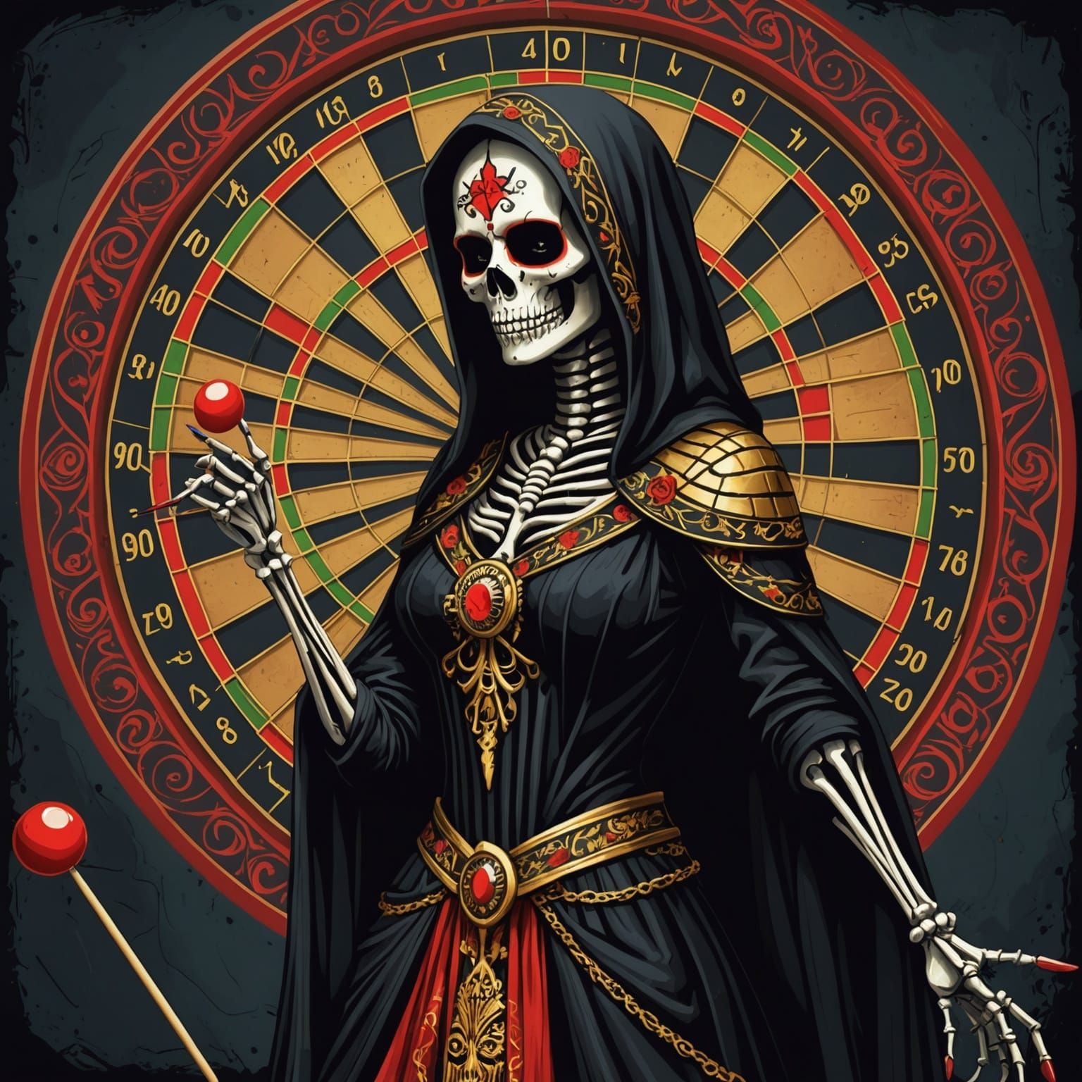 Santa Muerte Gambles Playing Darts