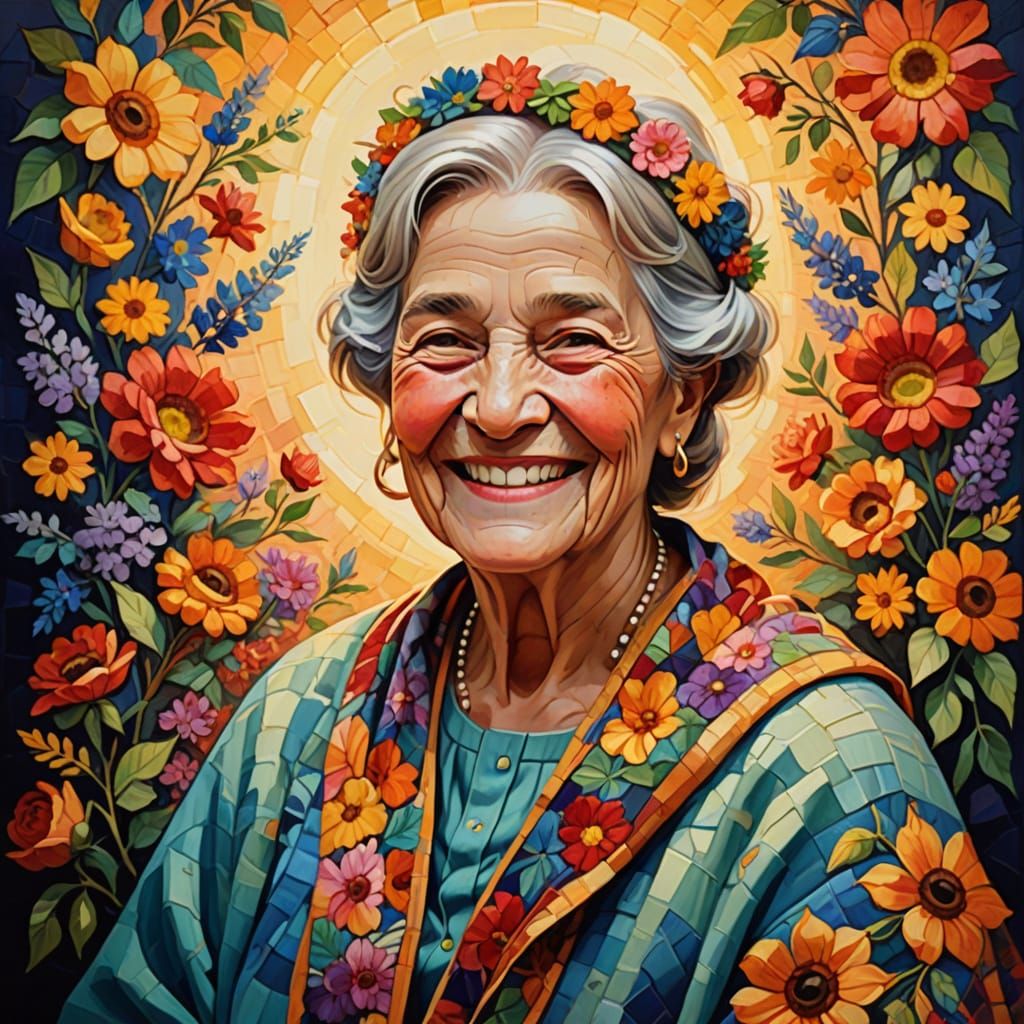 Elderly Woman in Floral Garland, Oil Painting