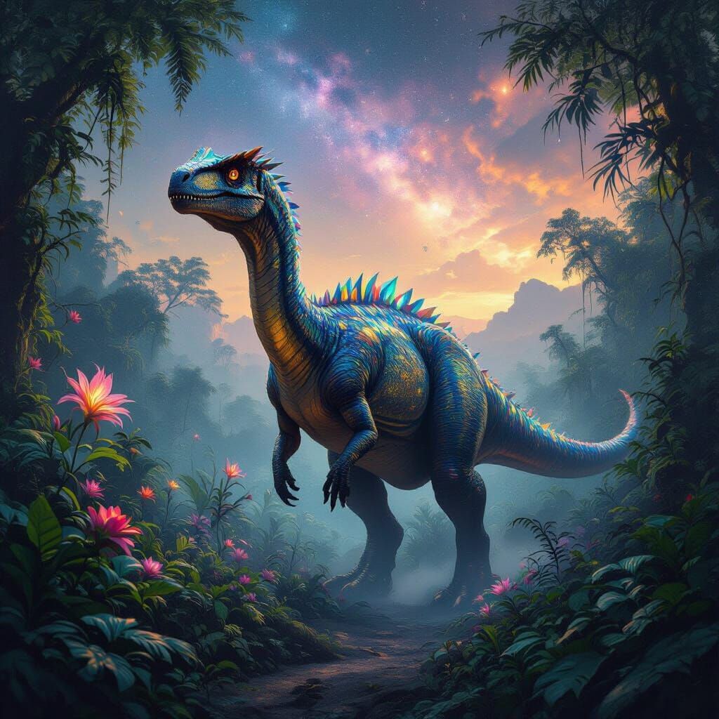 Bioluminescent Dinosaur in Alien Jungle