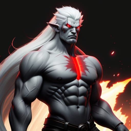 Cyberpunk Anime God with Glowing Red Eyes and Snow-White Hai...