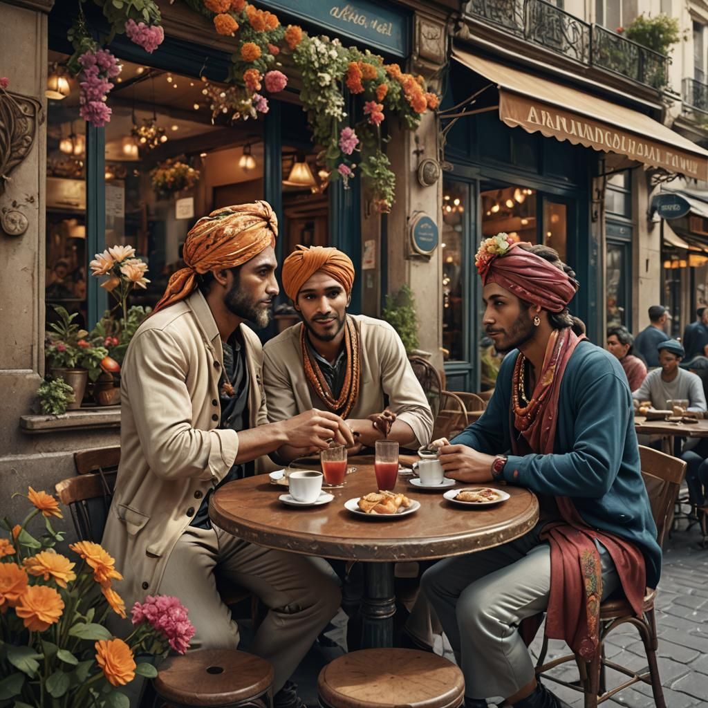 Paris Cafe Scene with Three Unique Characters
