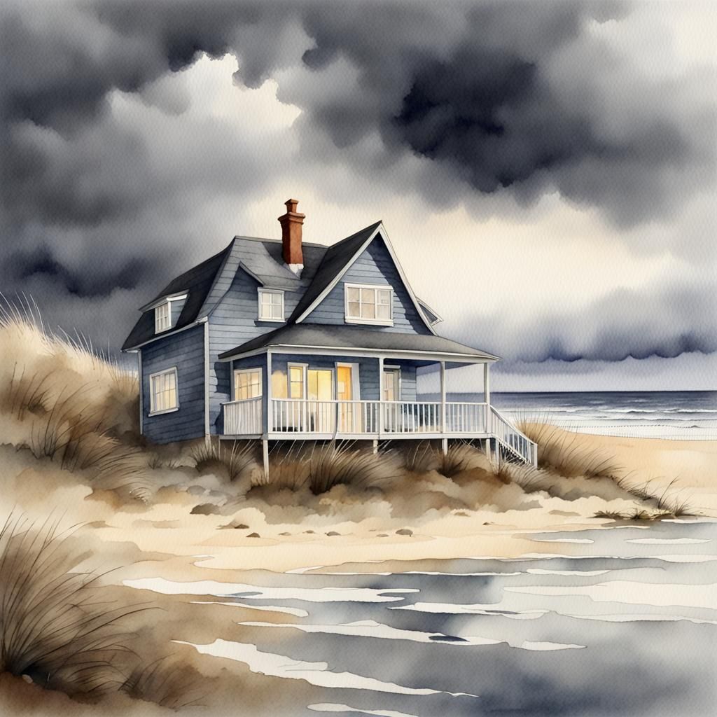 Beach Cottage Stormy Sky Watercolor Painting