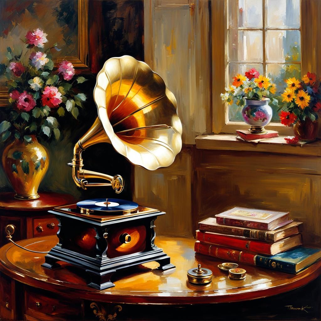 Gramophone Still Life in Impressionist Style