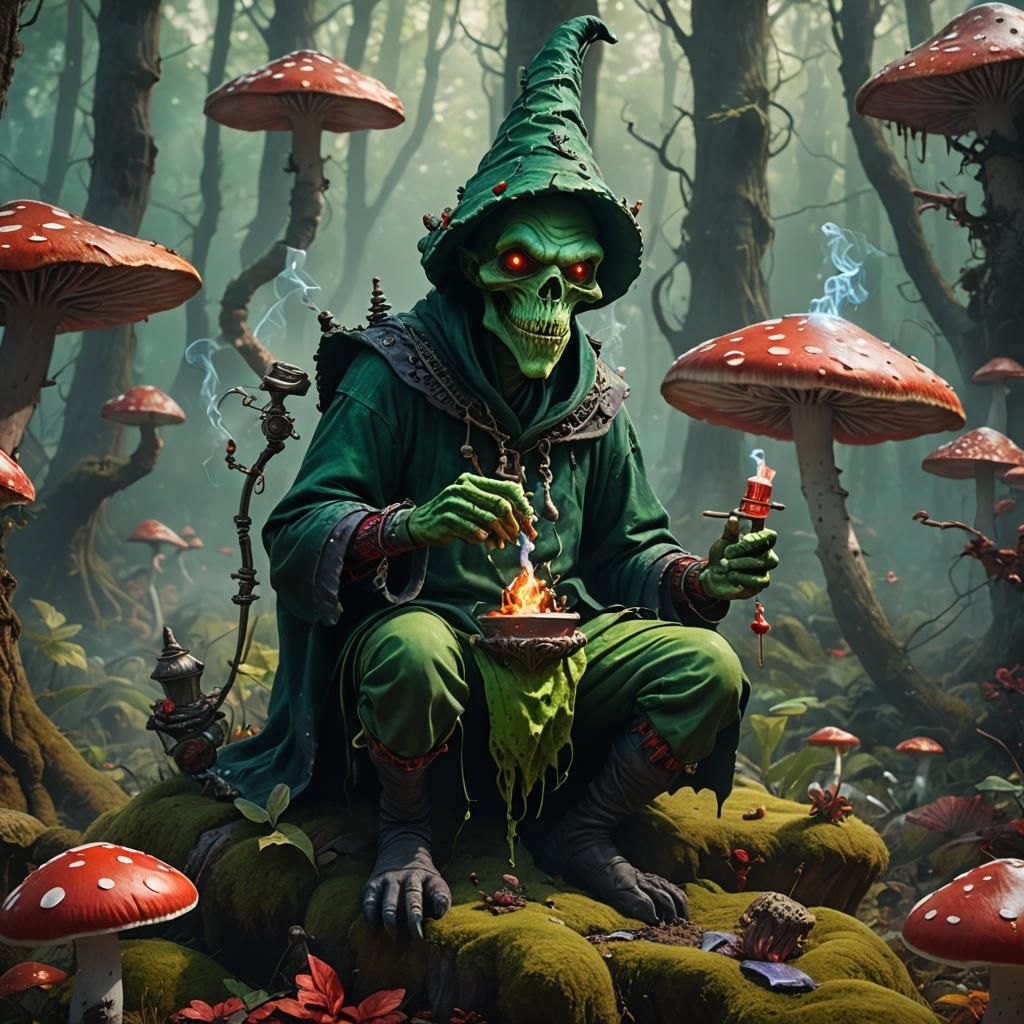 Green Hobgoblin Smoking Hookah in Psychedelic Forest