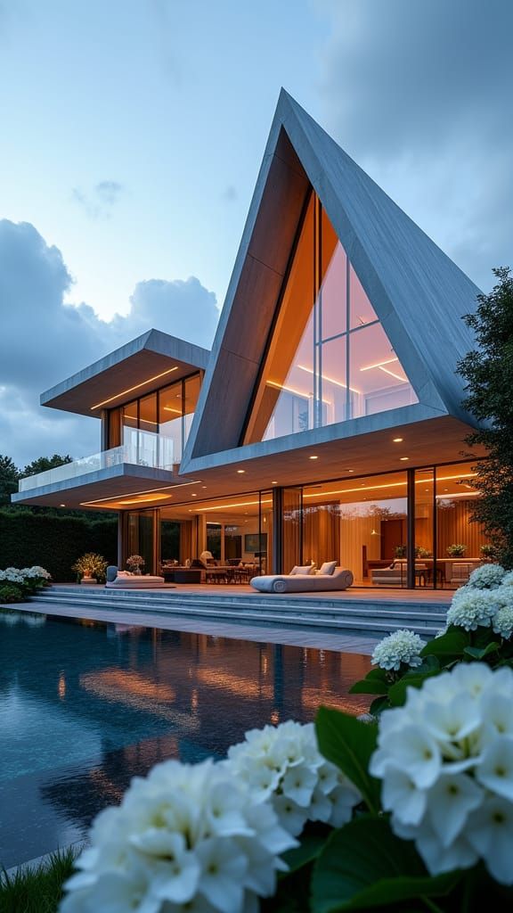 Sleek Futuristic Villa Shines Under Evening Sky