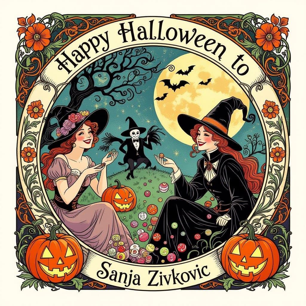 Art Nouveau Halloween Illustration with Whimsical Figures