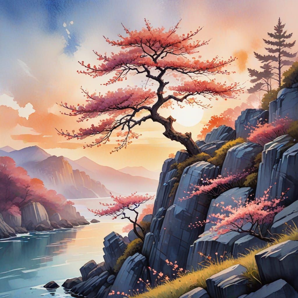 A sakura tree on a serene cliff
