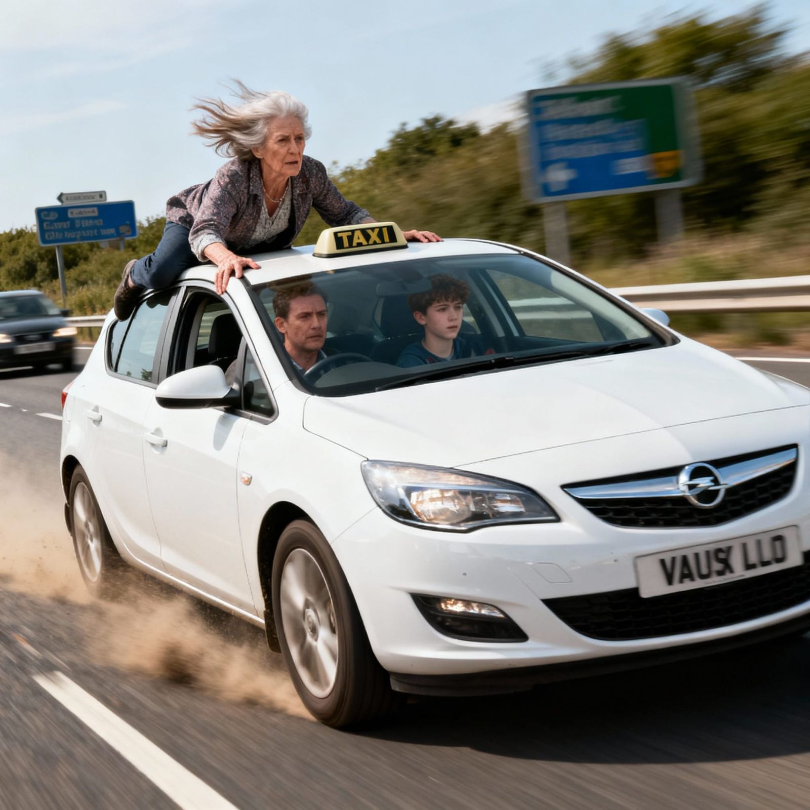Woman Rides Taxi Roof on Dual Carriageway