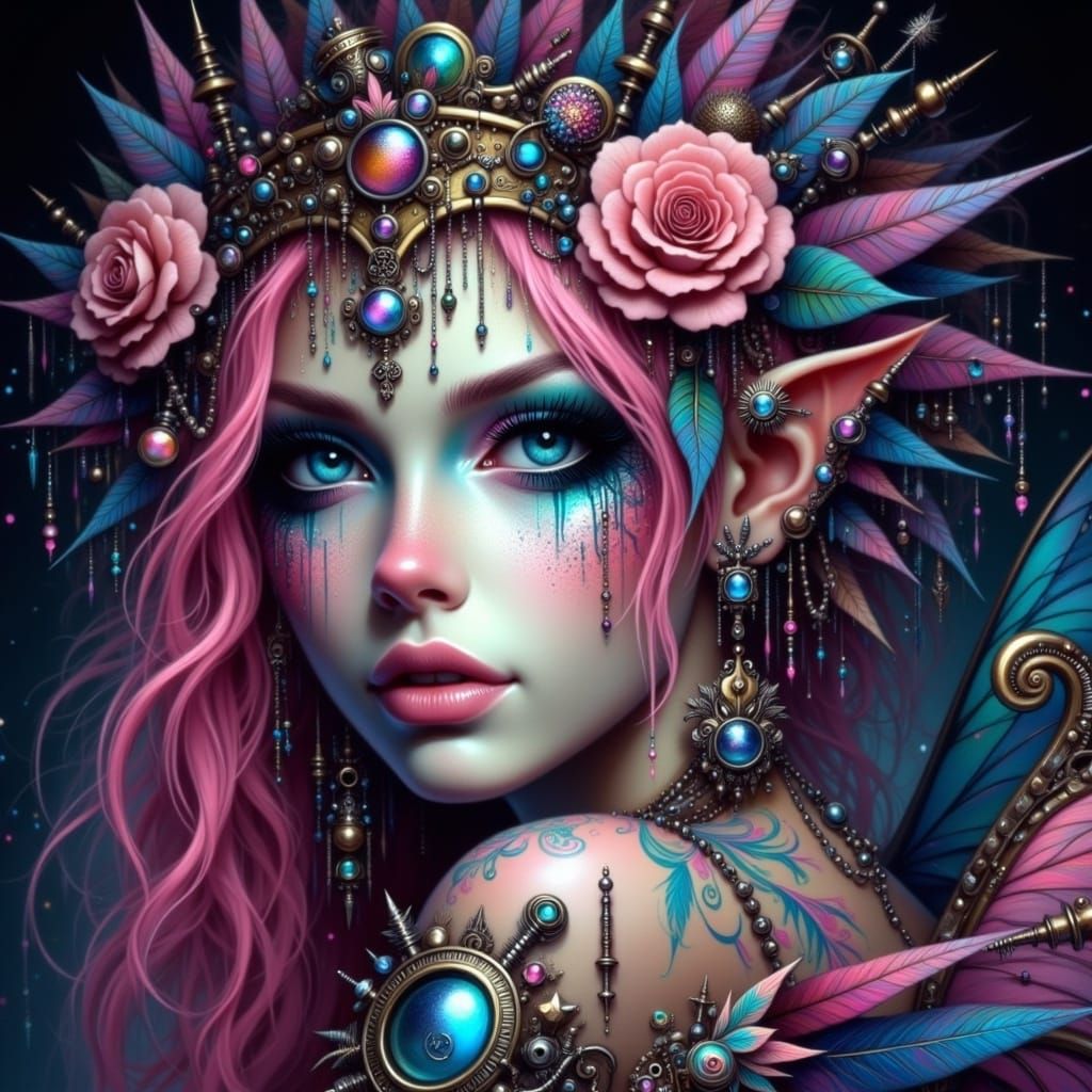 Enchanted Cyberpunk Fairy in Dark Fantasy Realm