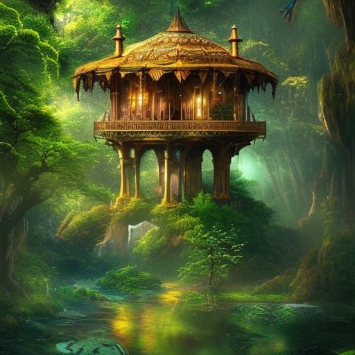Majestic Treehouse in Vivid Colors: Digital Matte Painting