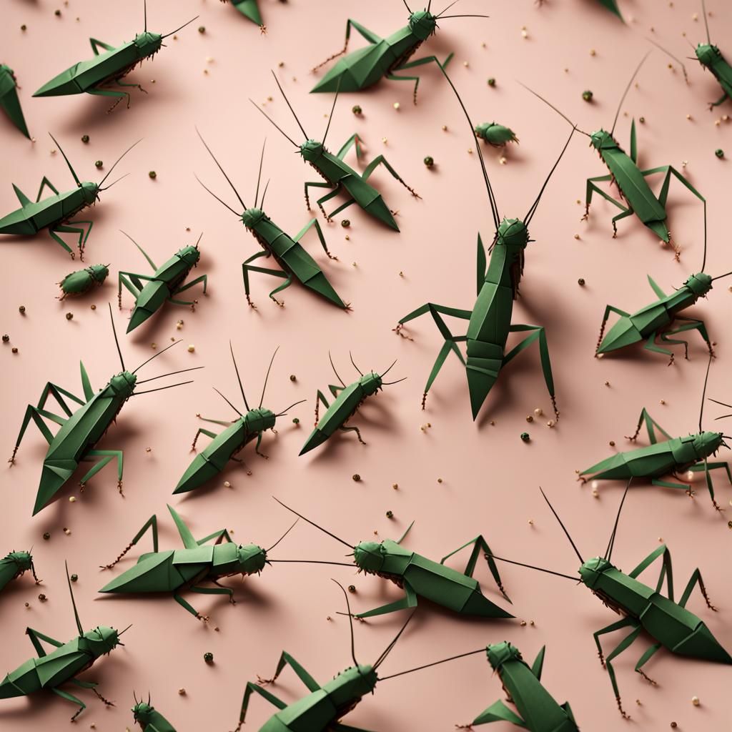 Crickets Leap Over Fireworks in Origami Papercraft Style