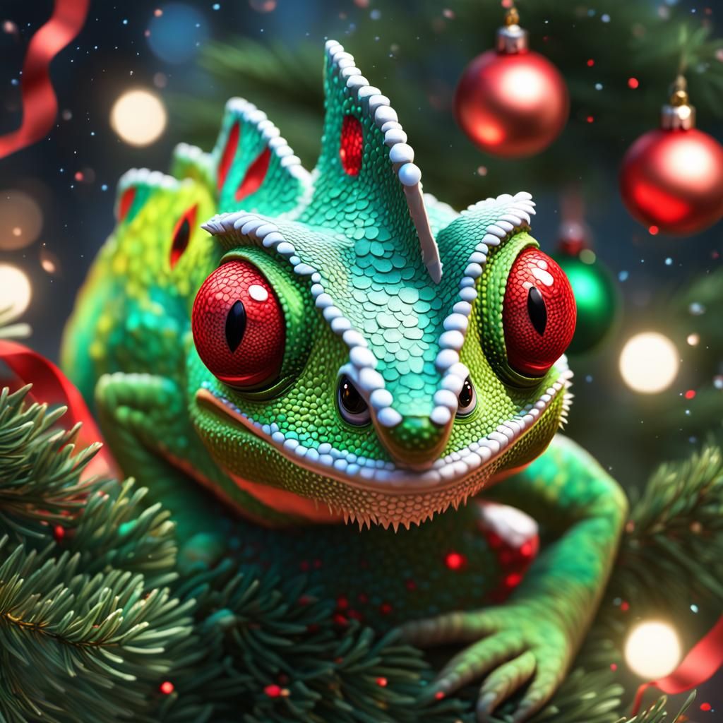 Festive Christmas Chameleon in Pixar Style