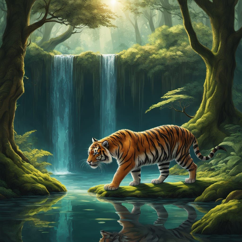 Mystical Tiger Walks by Water in Vibrant Digital Painting
