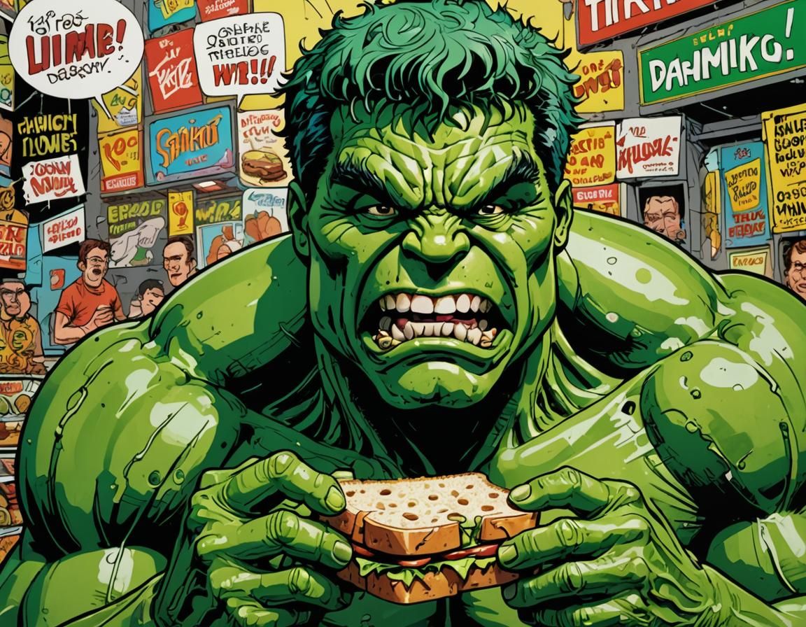 Hulk's Tiny Sandwich: A Surreal Pop Art Close-Up