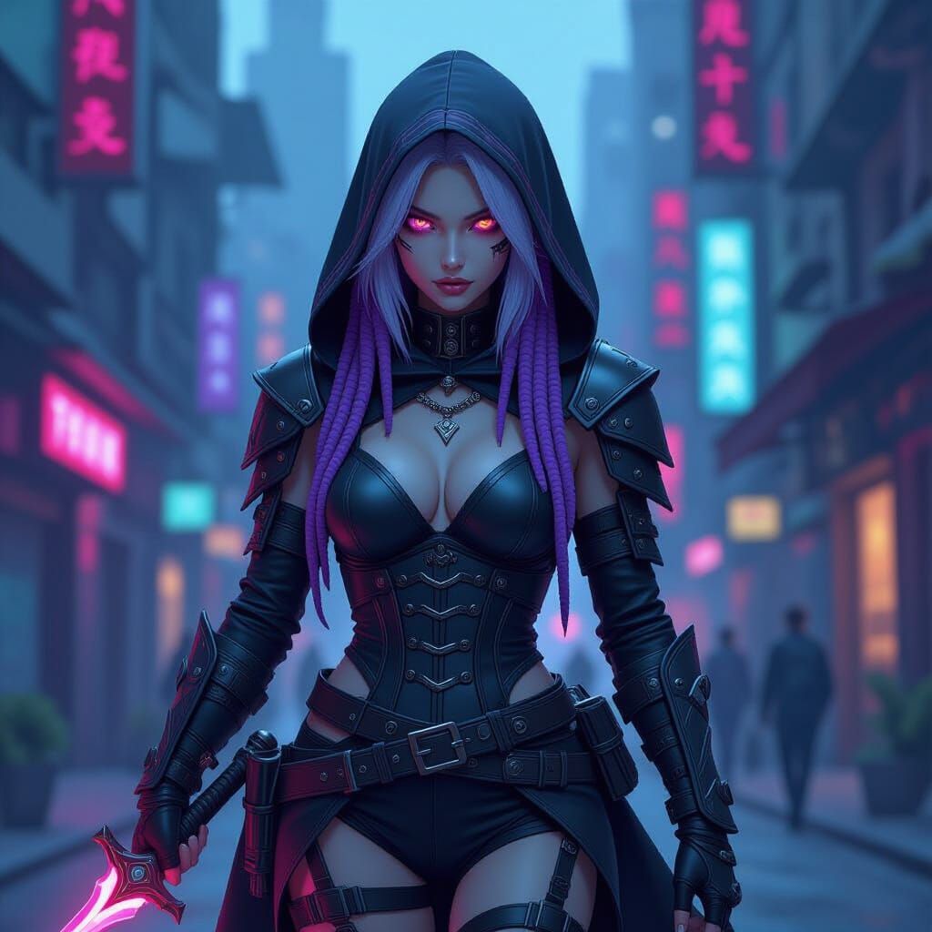 Cyberpunk Elf Assassin in Neon Cityscape