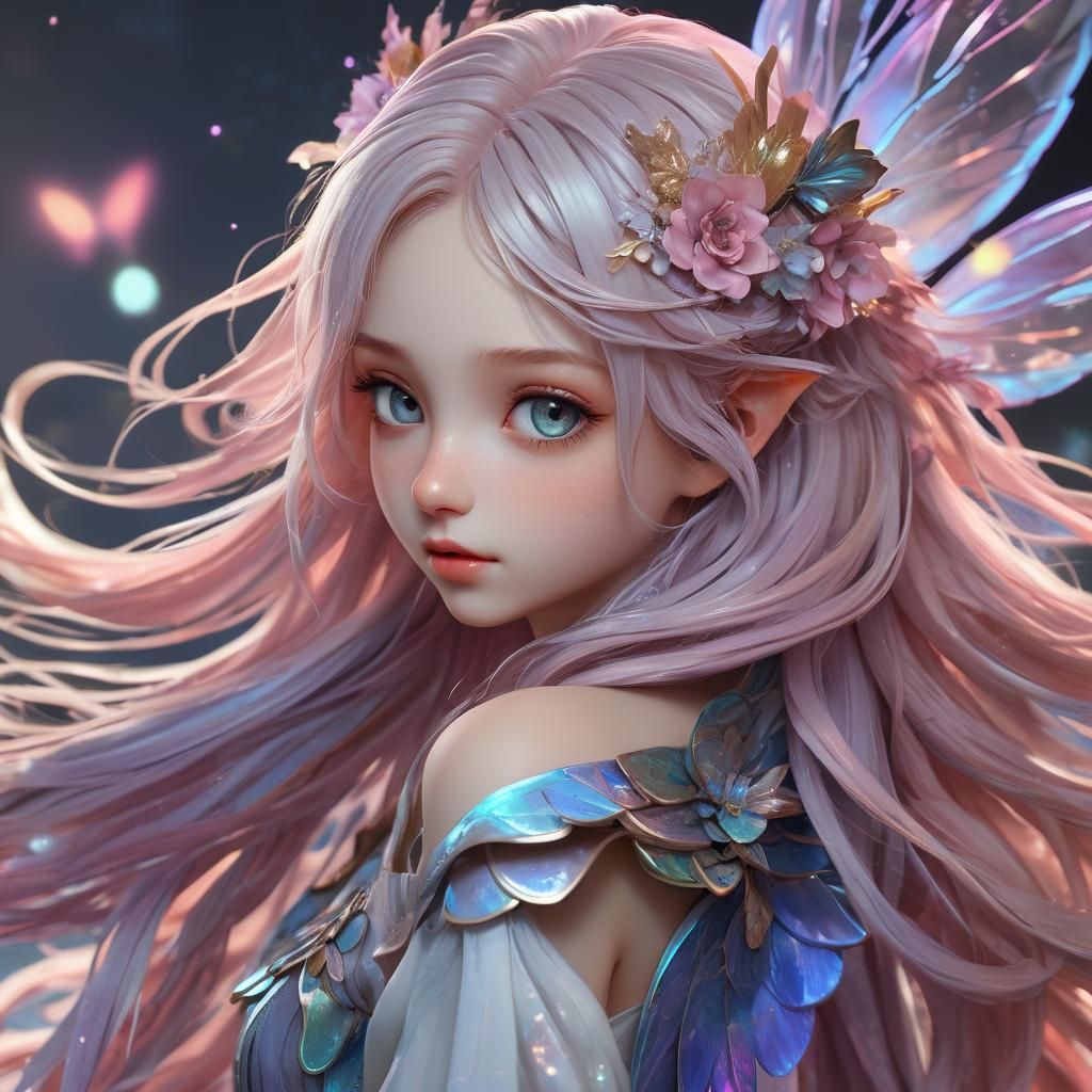 Anime Fairy Portrait with Holographic Wings