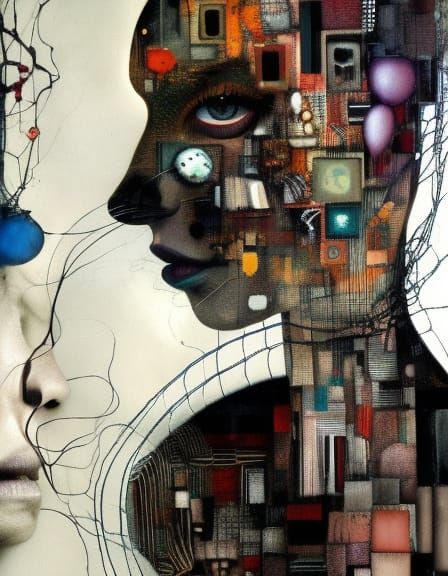 Surreal Portrait with Geometric Abstraction, Mixed Media
