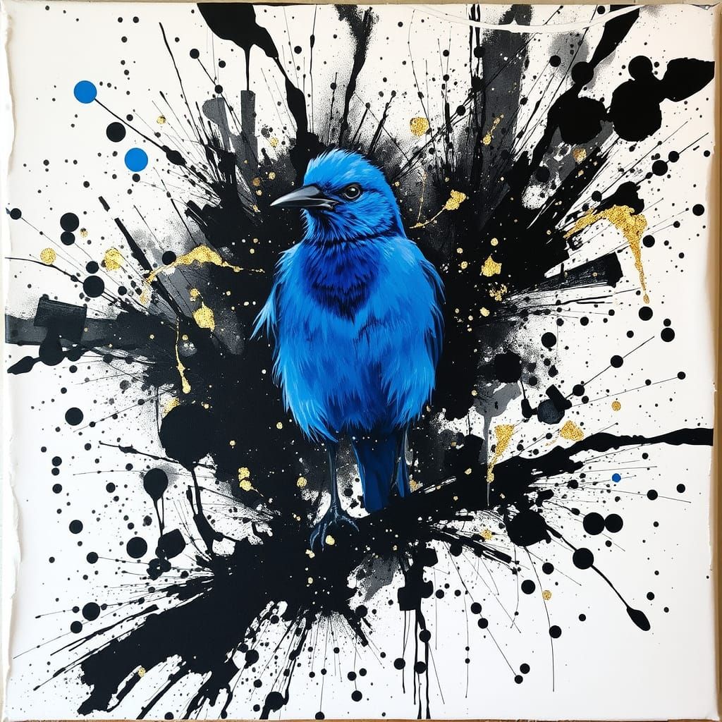Vibrant Blue Bird Amidst Whirlwind Chaos in Bold Black Ink