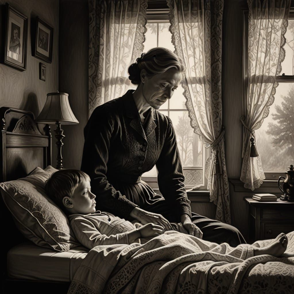 Mother and Son in 1900s Room: Charcoal Drawing