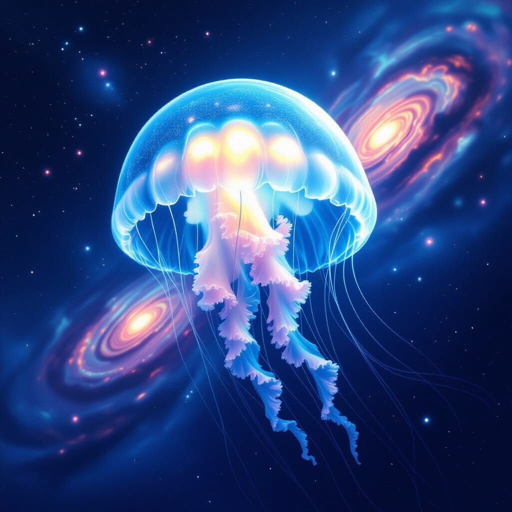Bioluminescent Jellyfish Drifting Through Deep Space