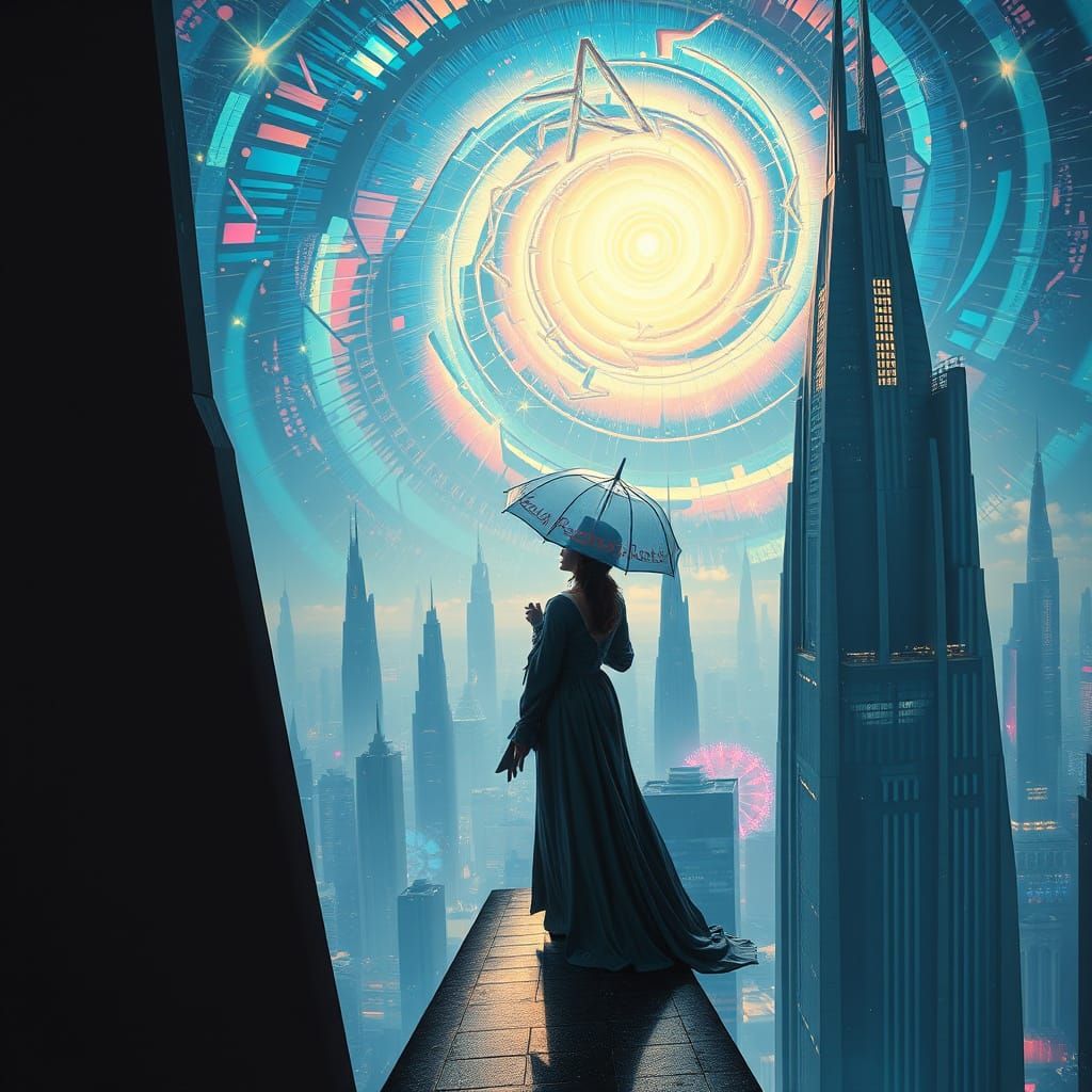 Mystical Woman Stands at Edge of Rooftop, Gazing Upwards at ...