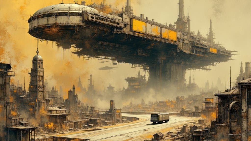 Sci-Fi Cargo Ship at Alien Town with Dramatic Lighting