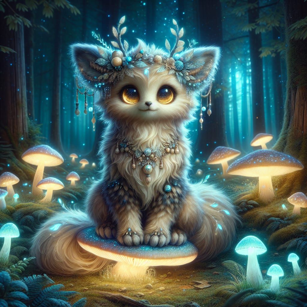 Magical Flickerleaf Adorns Glowing Mushroom in Moonlit Fores...