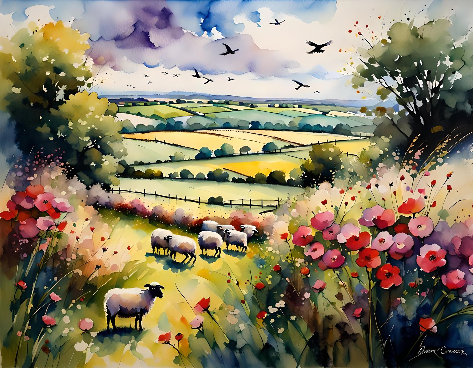 English Countryside Watercolour Painting with Grazing Sheep