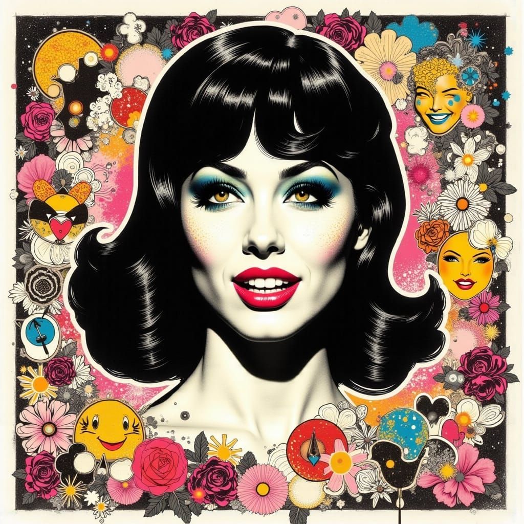 <lora:MixedMedia:1.0> <lora:PopArt Portraits FL:1.0> Frank Kozik style photo montage. pop art polaroid cut out collage o...