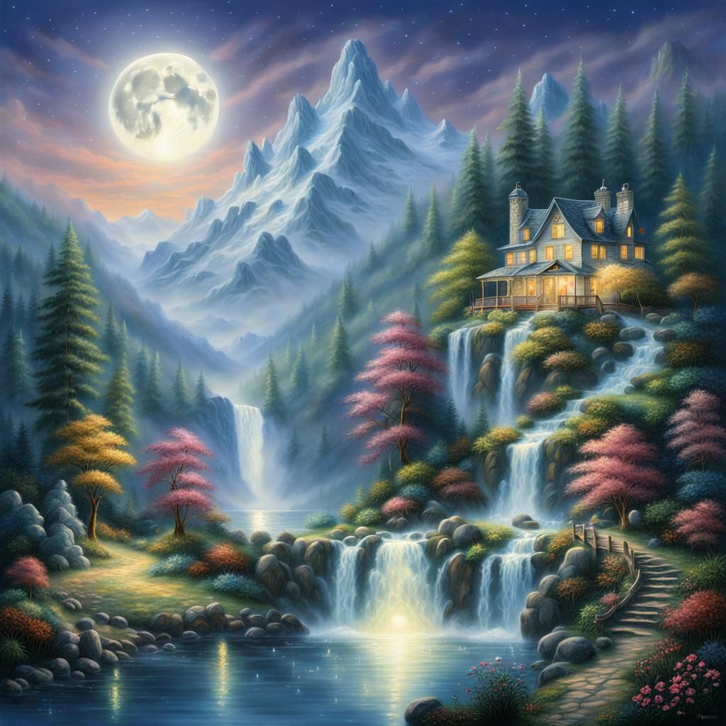 Fantasy Landscape with Starry Sky and Waterfall
