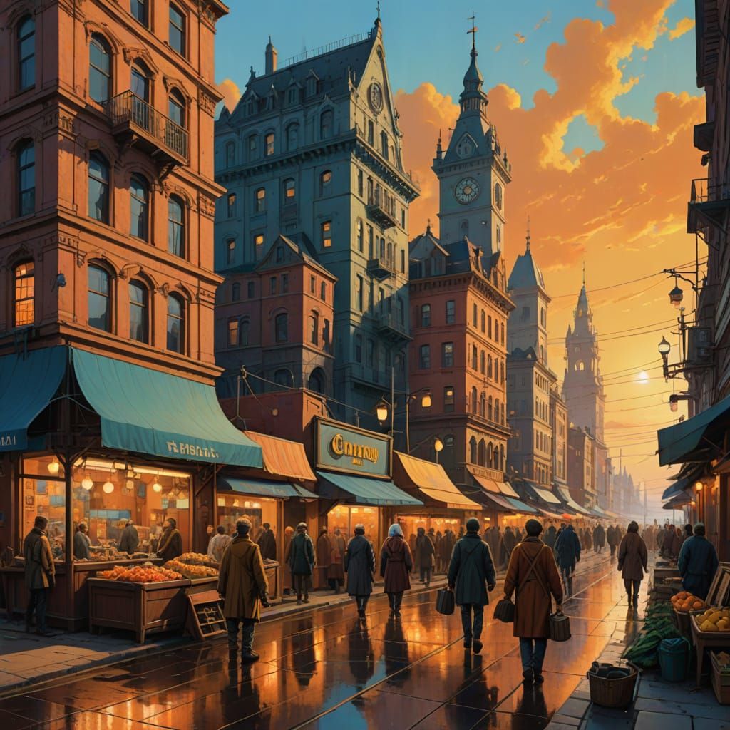 Renaissance Cityscape at Sunset as Oil Painting