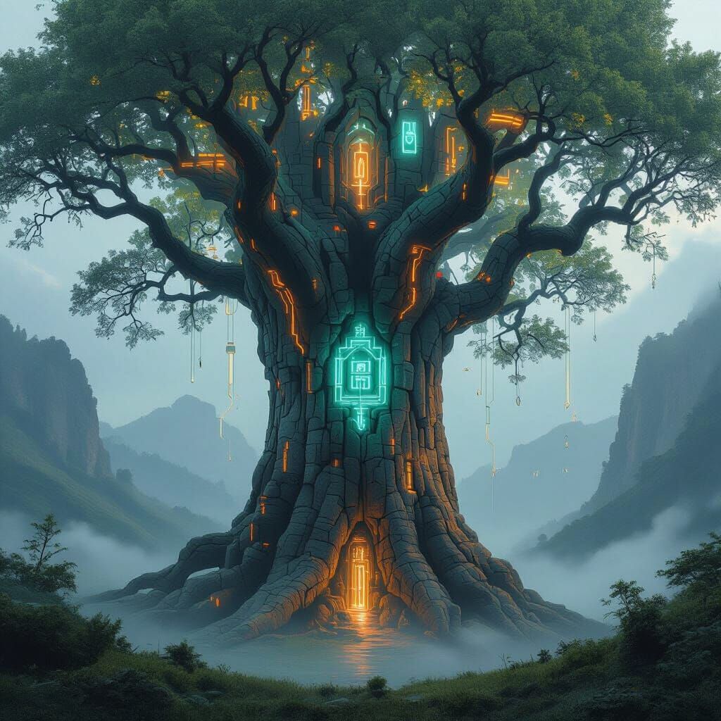 Colossal Tree Merging Stone and Futuristic Tech