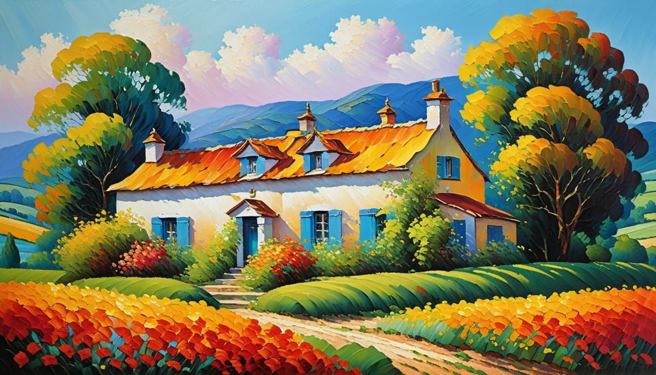 Expressionist House in Summer Landscape Painting