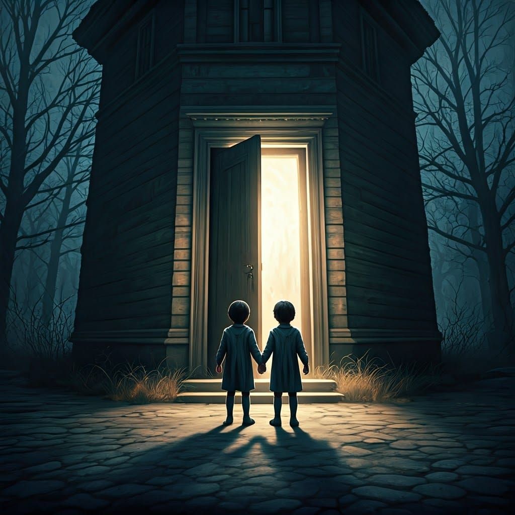 Twin Children Stand Before a Hidden Door in a Spooky, Abando...