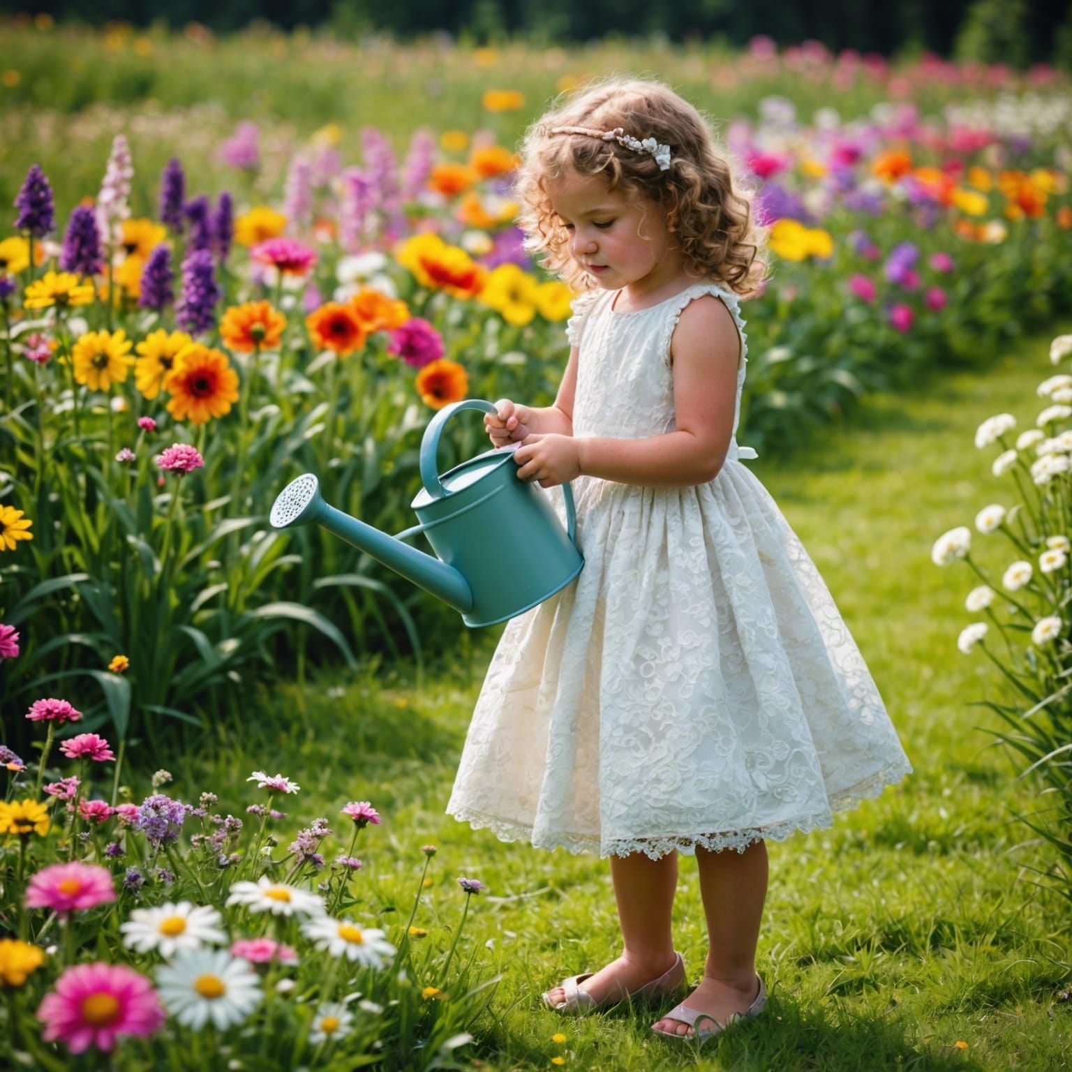 Girl in Flower Garden with Watering Can