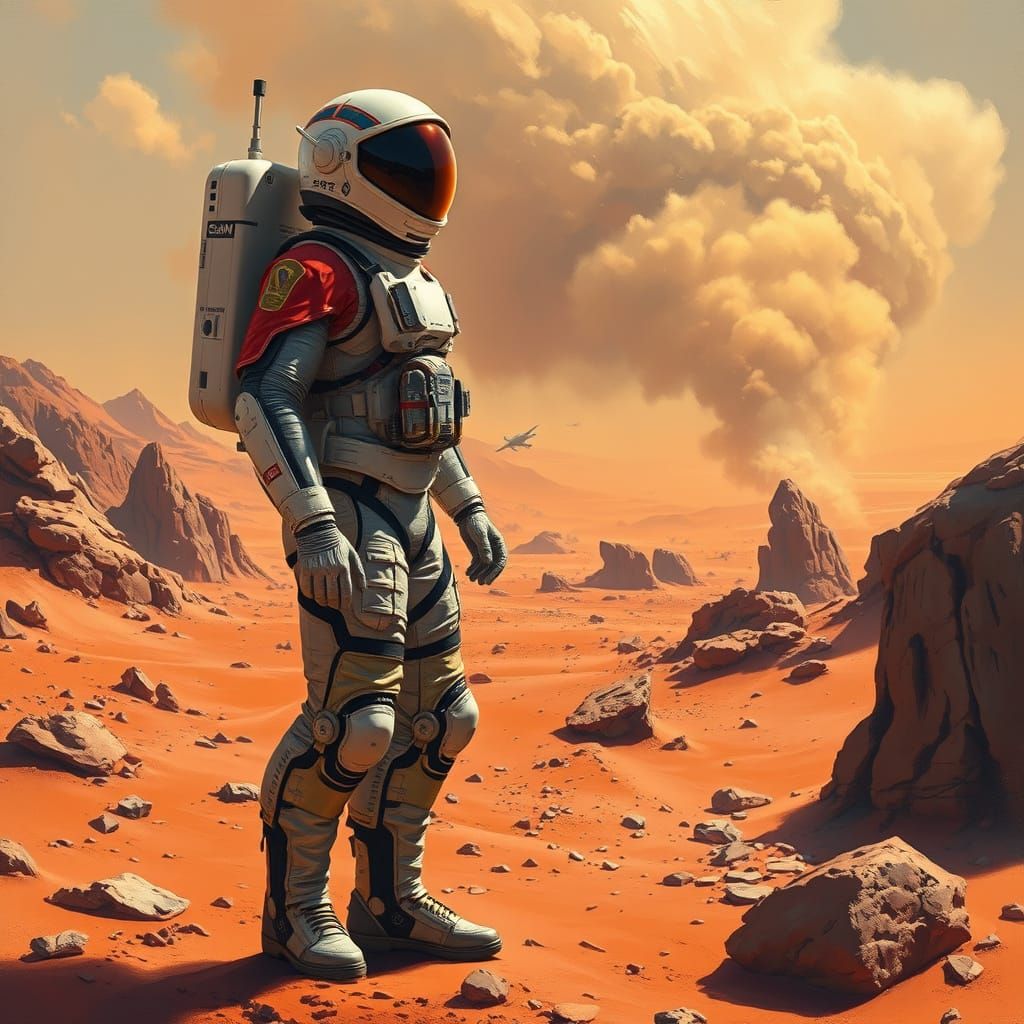 Astronaut Standing on Mars, Surrounded by Rocky Formations a...