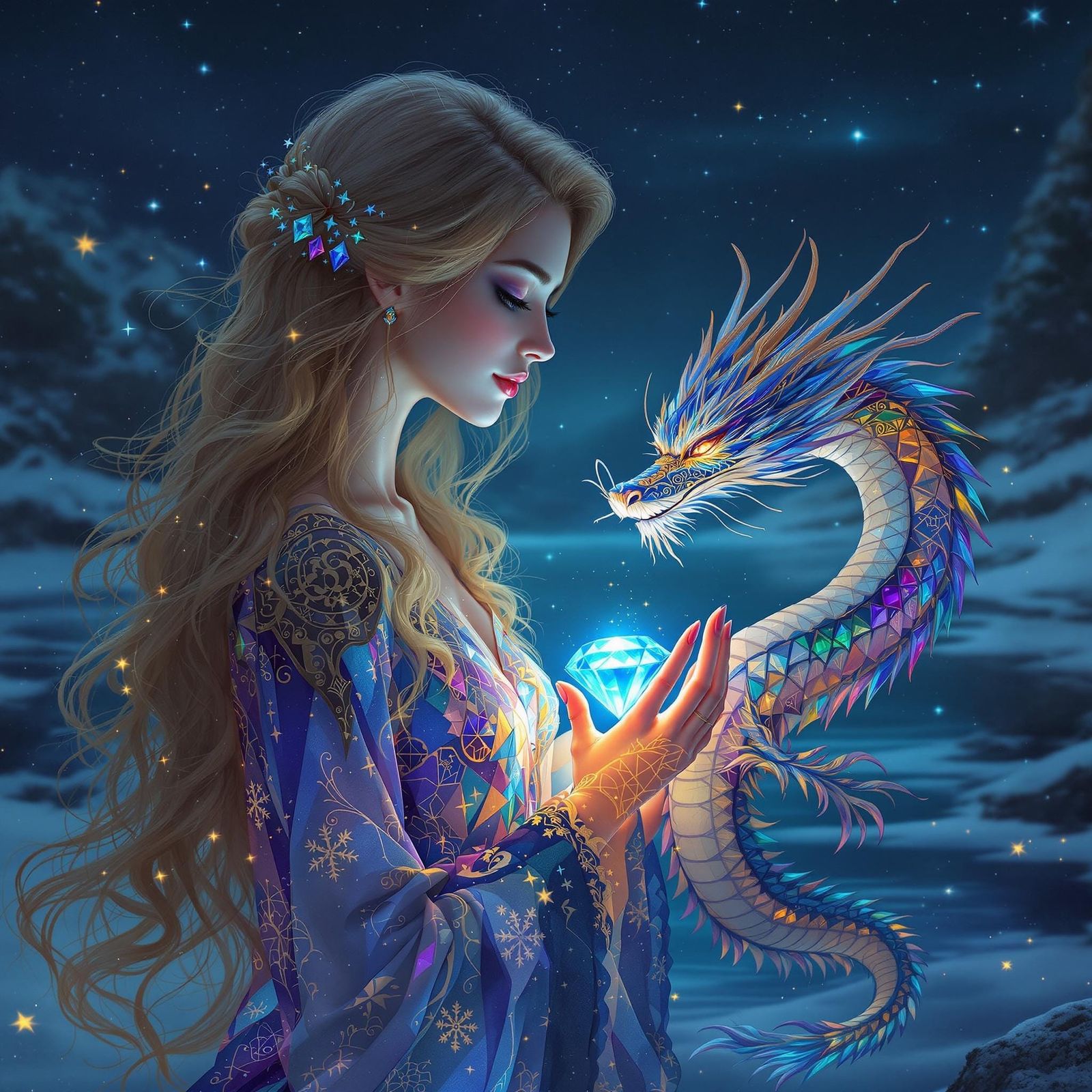 Woman Illuminated by Ethereal Glow in Whimsical Winter Wonde...