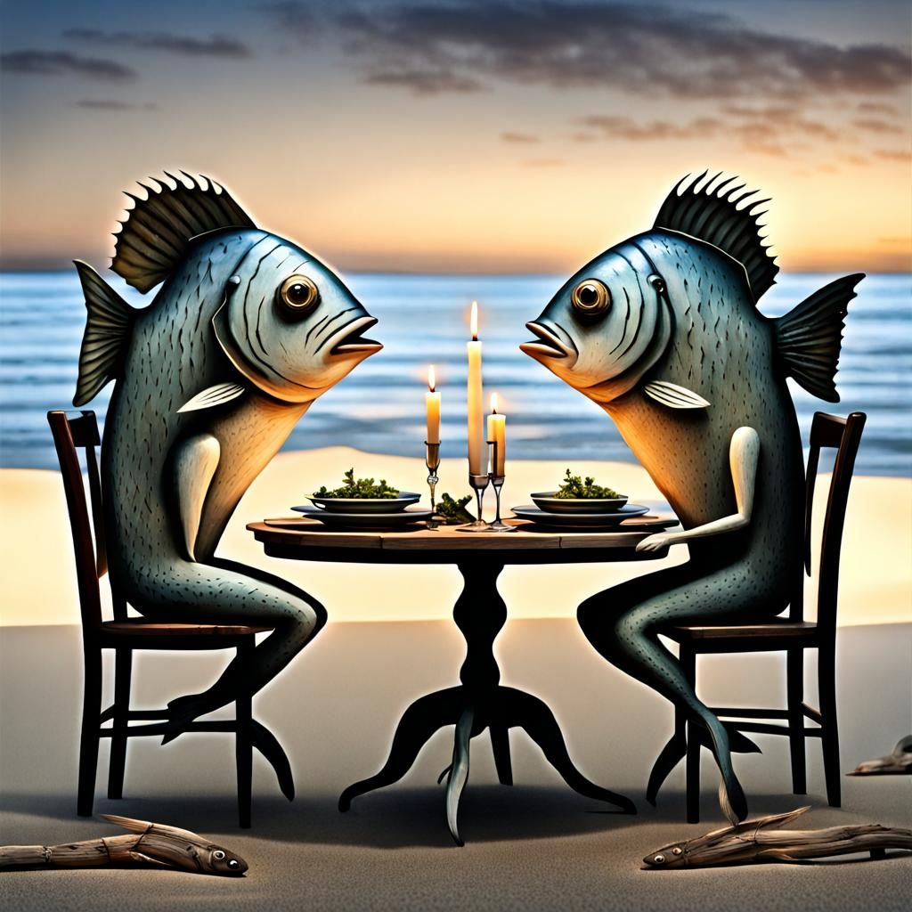 Anthropomorphic Fish Have Dinner on the Beach