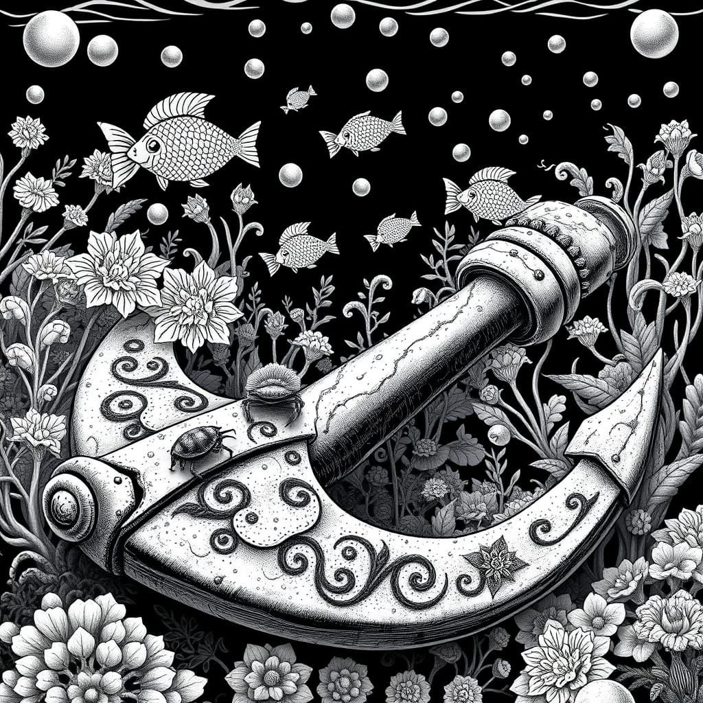 Ancient Underwater Realm in Intricate Black and White Line A...