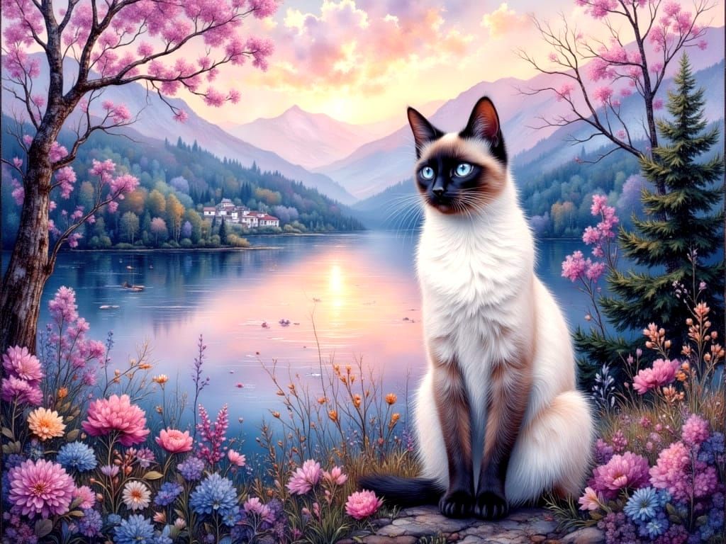 Siamese Cat in Ethereal Landscape, Ink and Oil Style