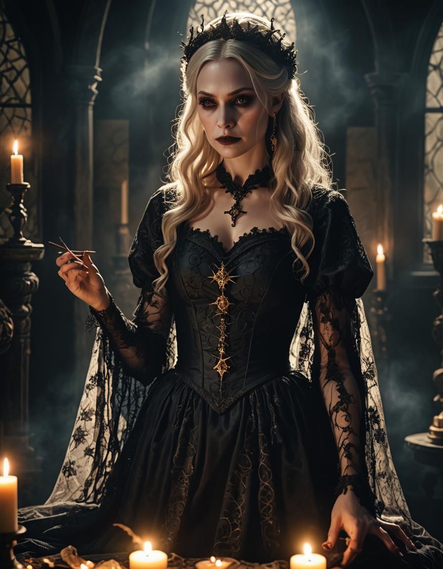 Gothic Witch Casting Spell in Dark Chamber