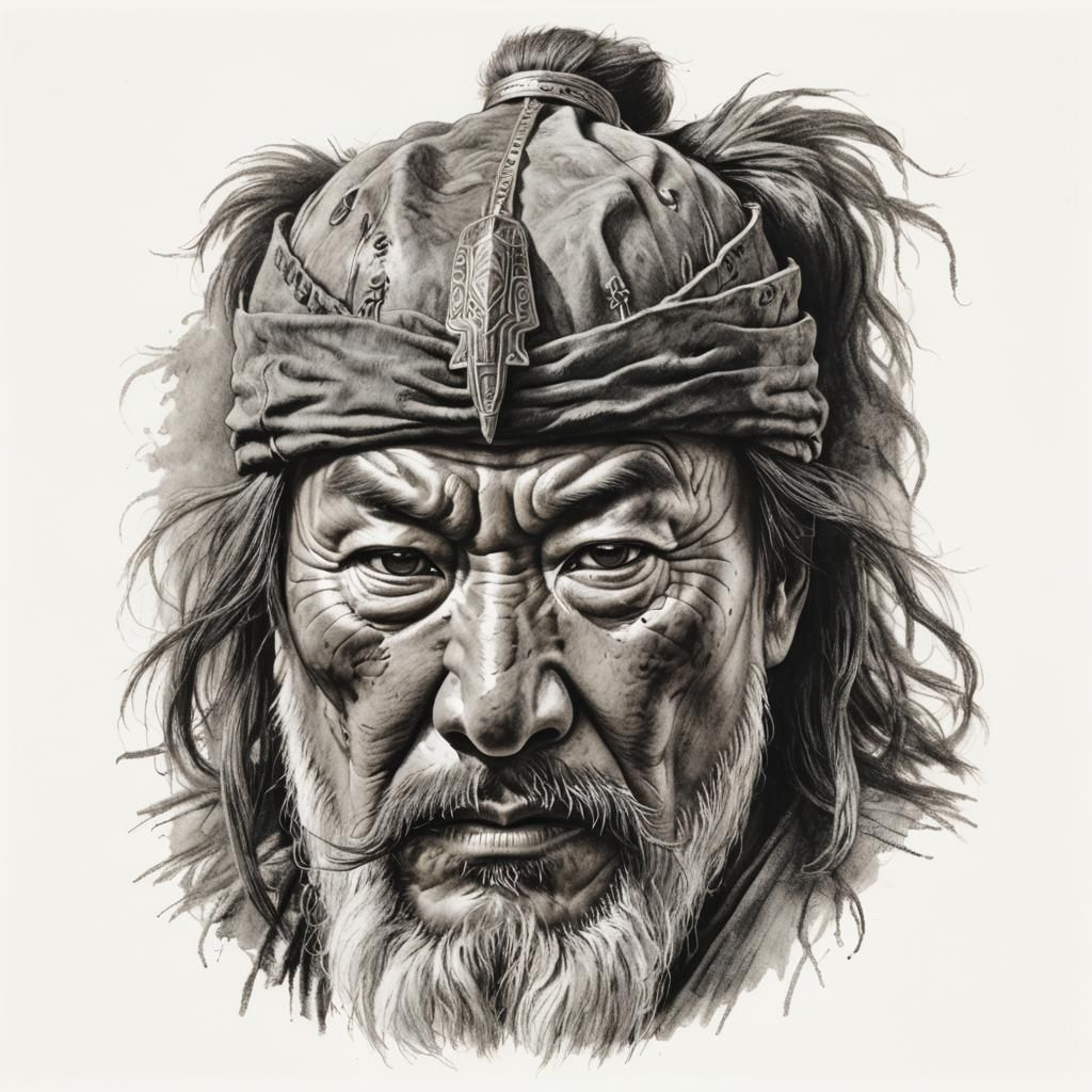 Intense Charcoal Portrait of Genghis Khan