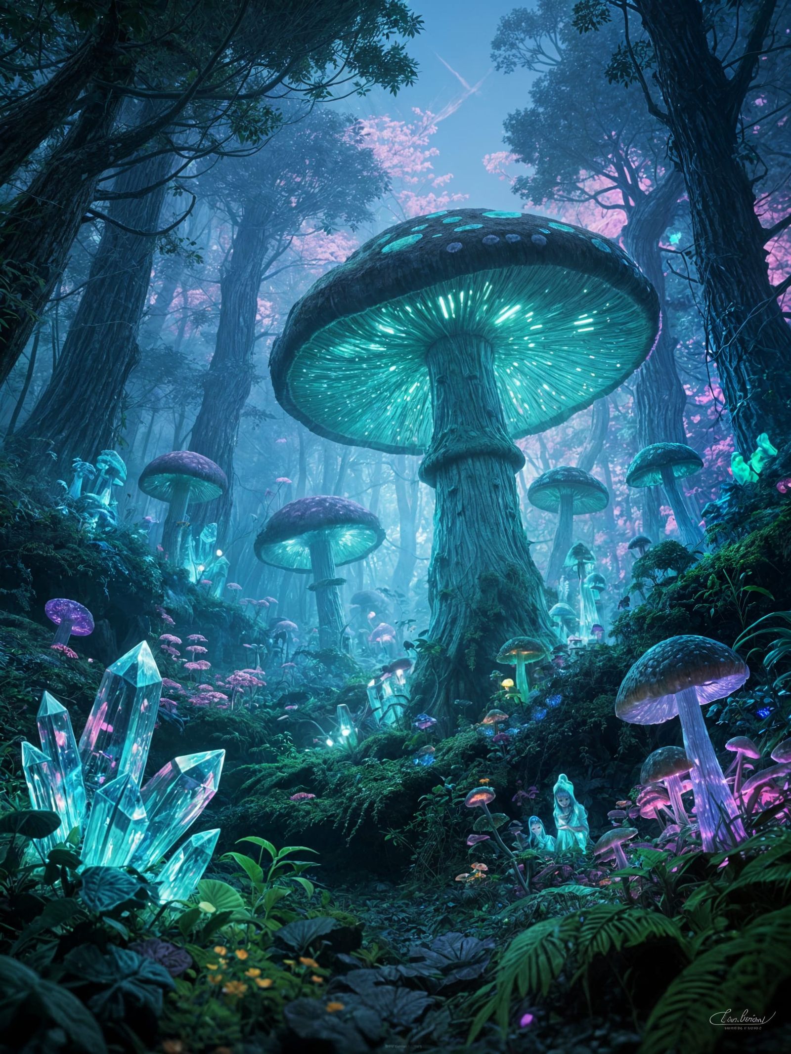 Bioluminescent Forest Twilight With Ethereal Mushrooms