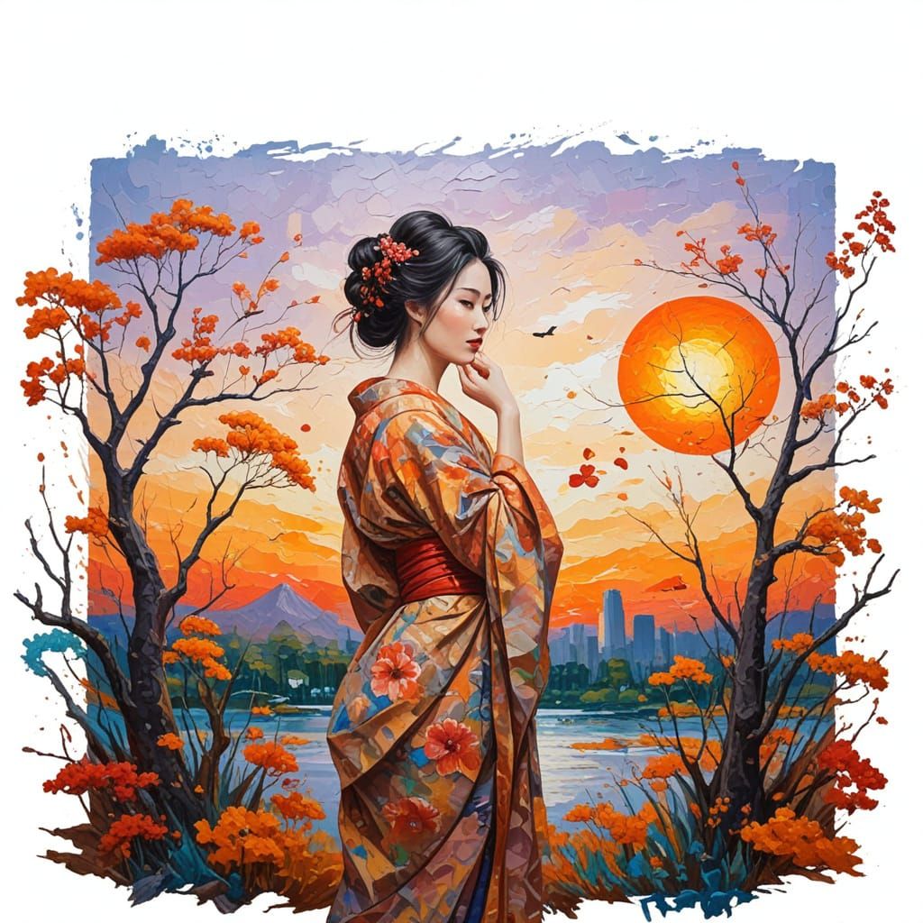 Geisha Under Cherry Blossoms at Sunset in Neo-Impressionist ...