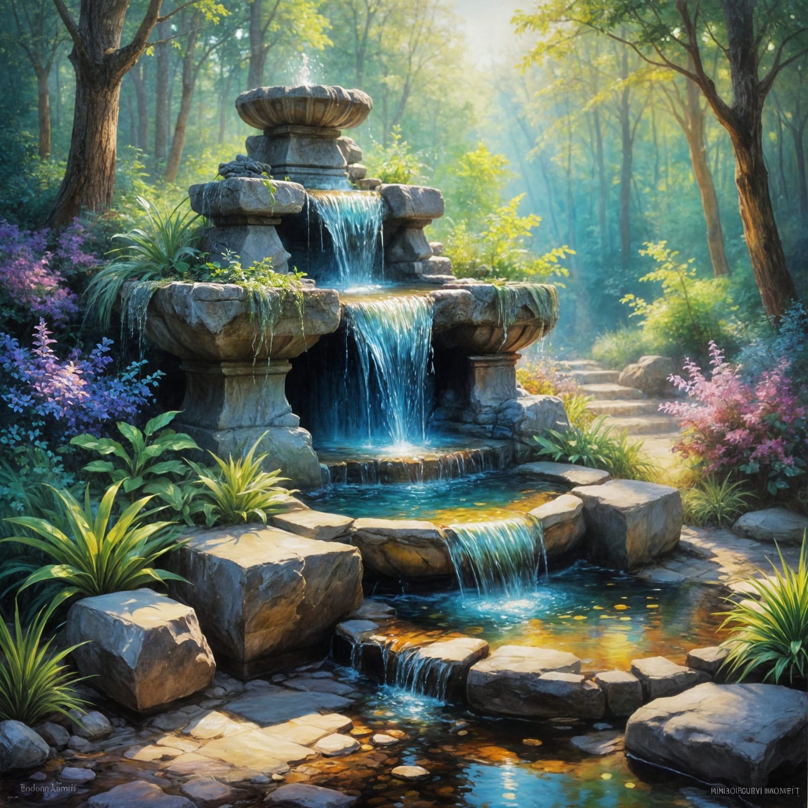 Ethereal Stone Fountain in a Vibrant Forest Landscape