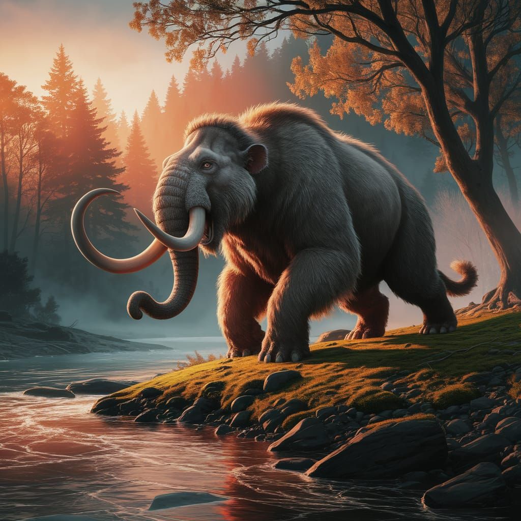 Woolly Mammoth Sabertooth Hybrid Roaring in Forest